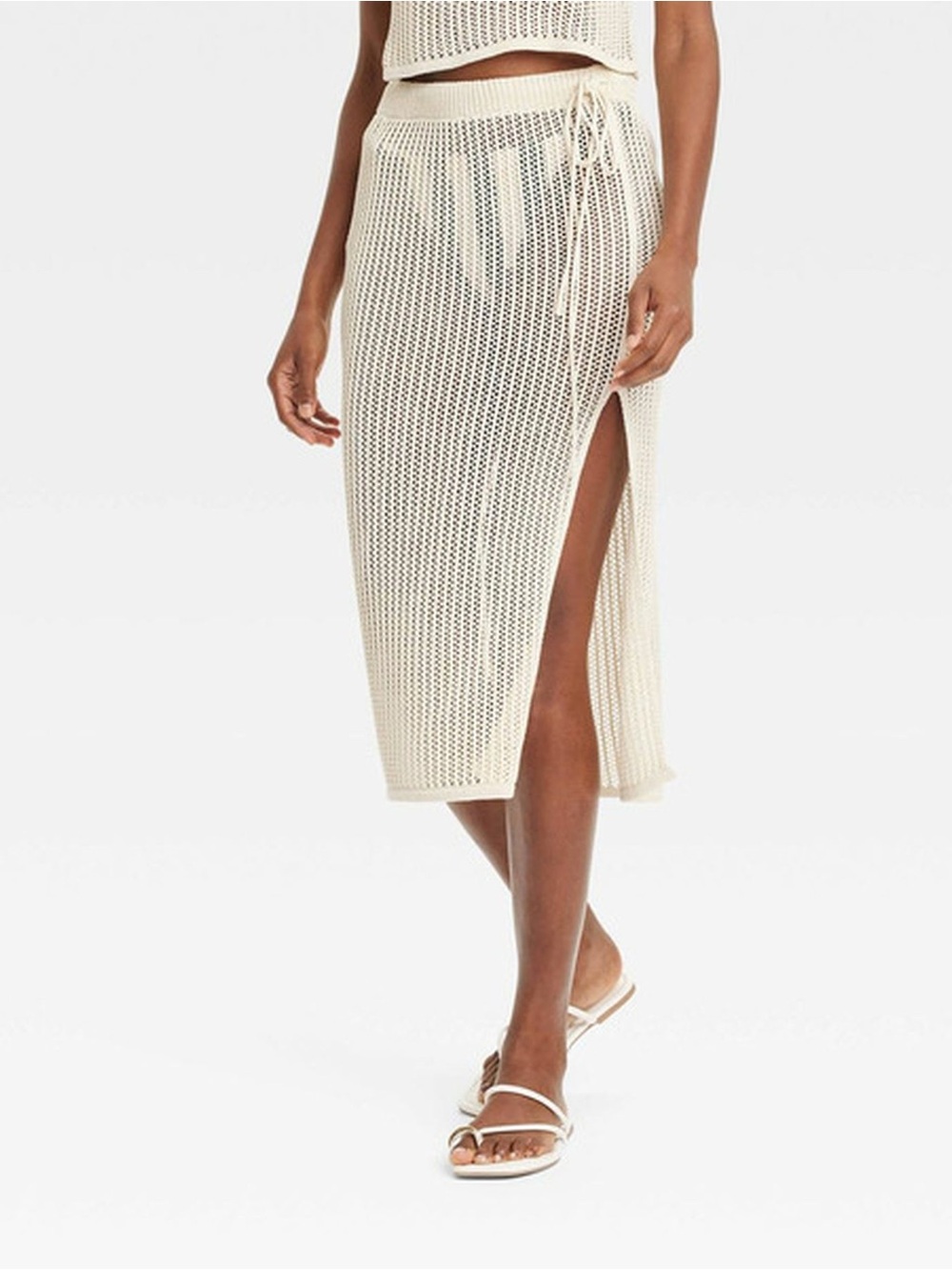 a new day Cream Open-Knit Midi Swim Coverup Skirt with Side Slit